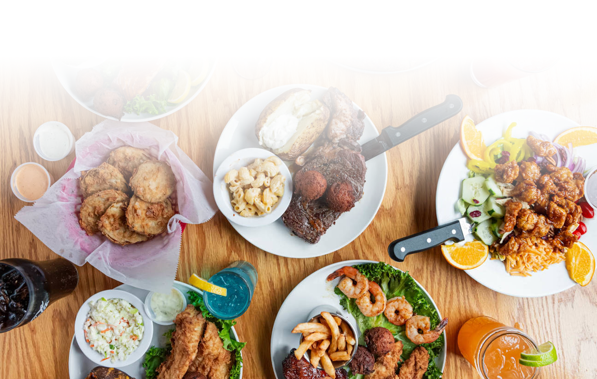 Assorted fried seafood, chicken, and sides