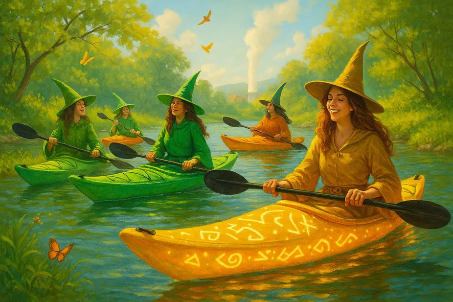 Witches paddling painted kayaks down sunlit river