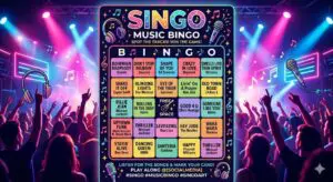 Colorful Singo music bingo card with concert crowd