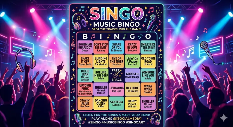 Colorful Singo music bingo card with concert crowd