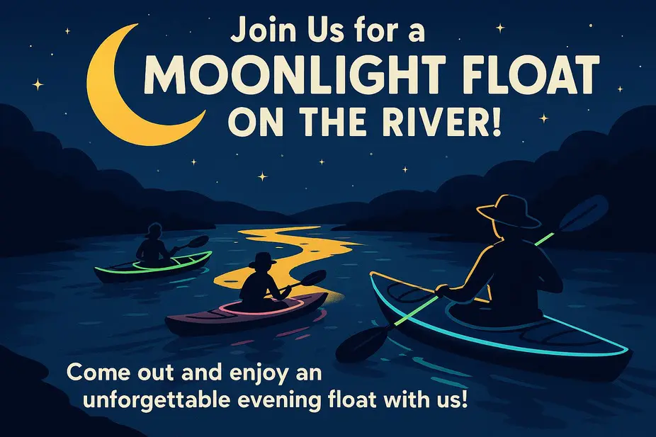 Moonlight kayaking on calm river at night