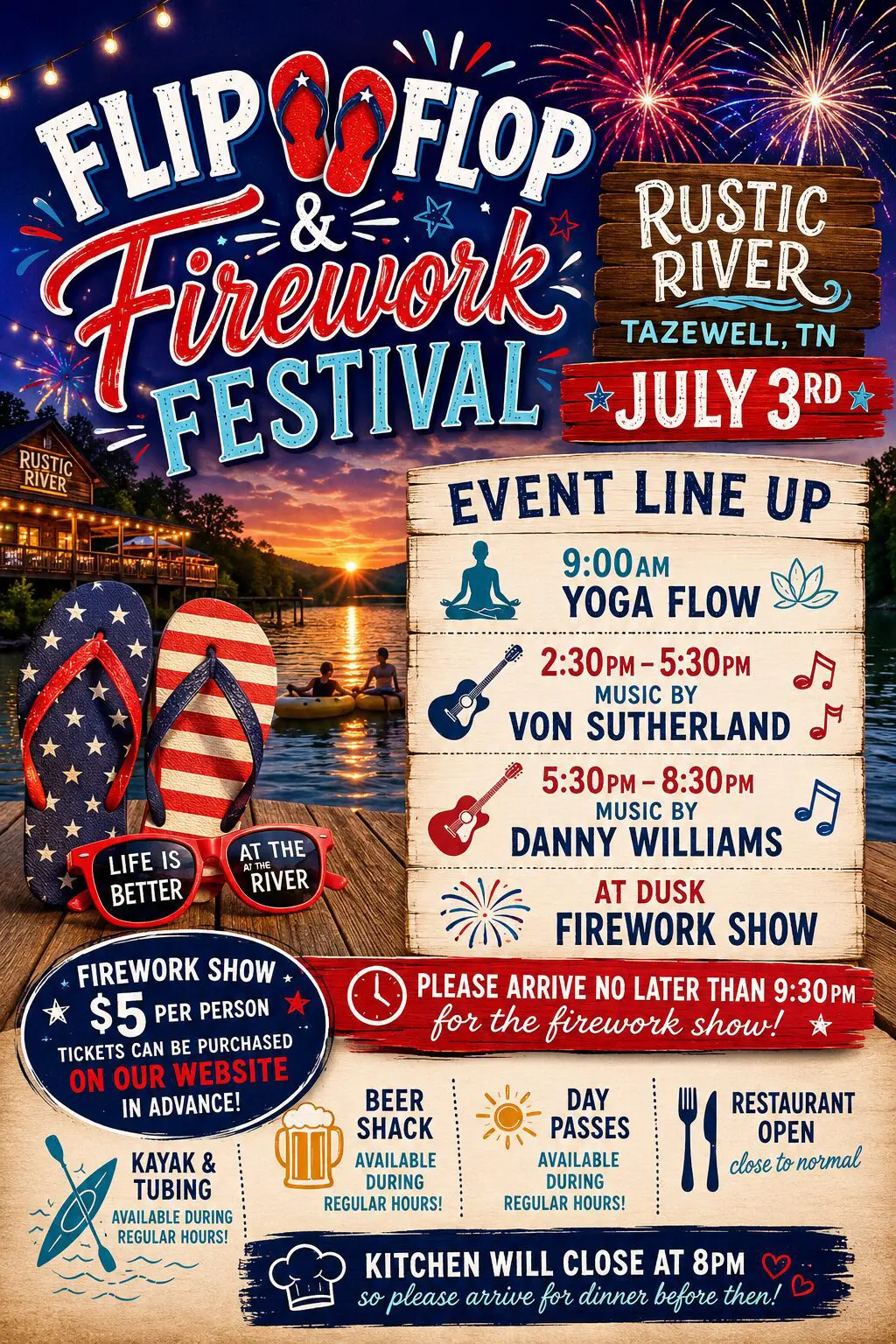 Lakeside flip-flop and fireworks festival poster