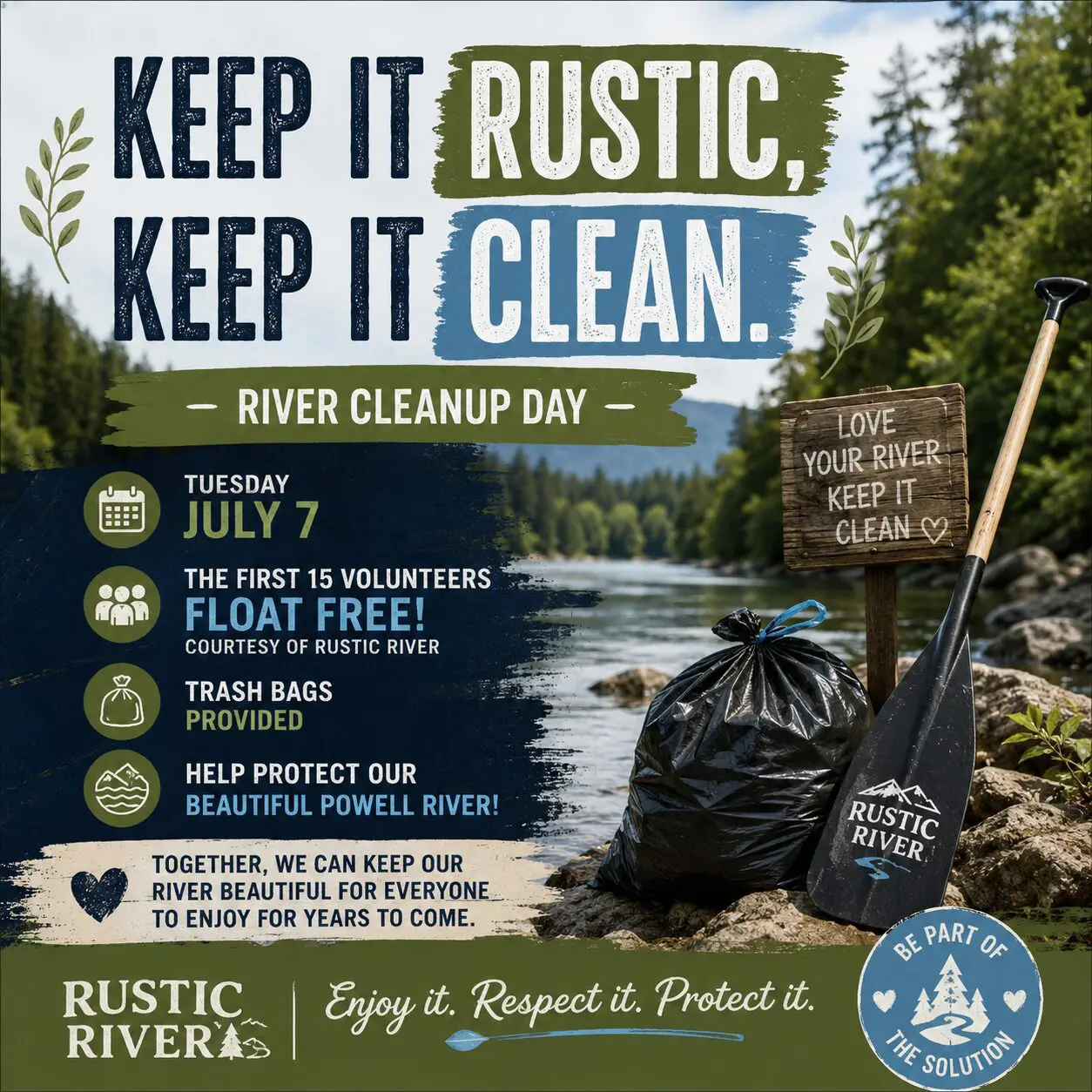 River cleanup poster with paddle and trash bag